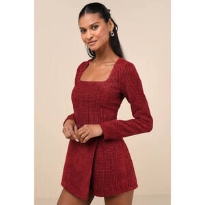Lulus Cultivated Poise Burgundy Tweed Romper Red - Size S